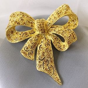 Vintage Gold-Tone & Rhinestone Bow Brooch